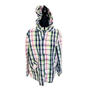 Merona Cotton Womens L Plaid Hood Lightweight Jacket Drawstring Pink Blue Preppy